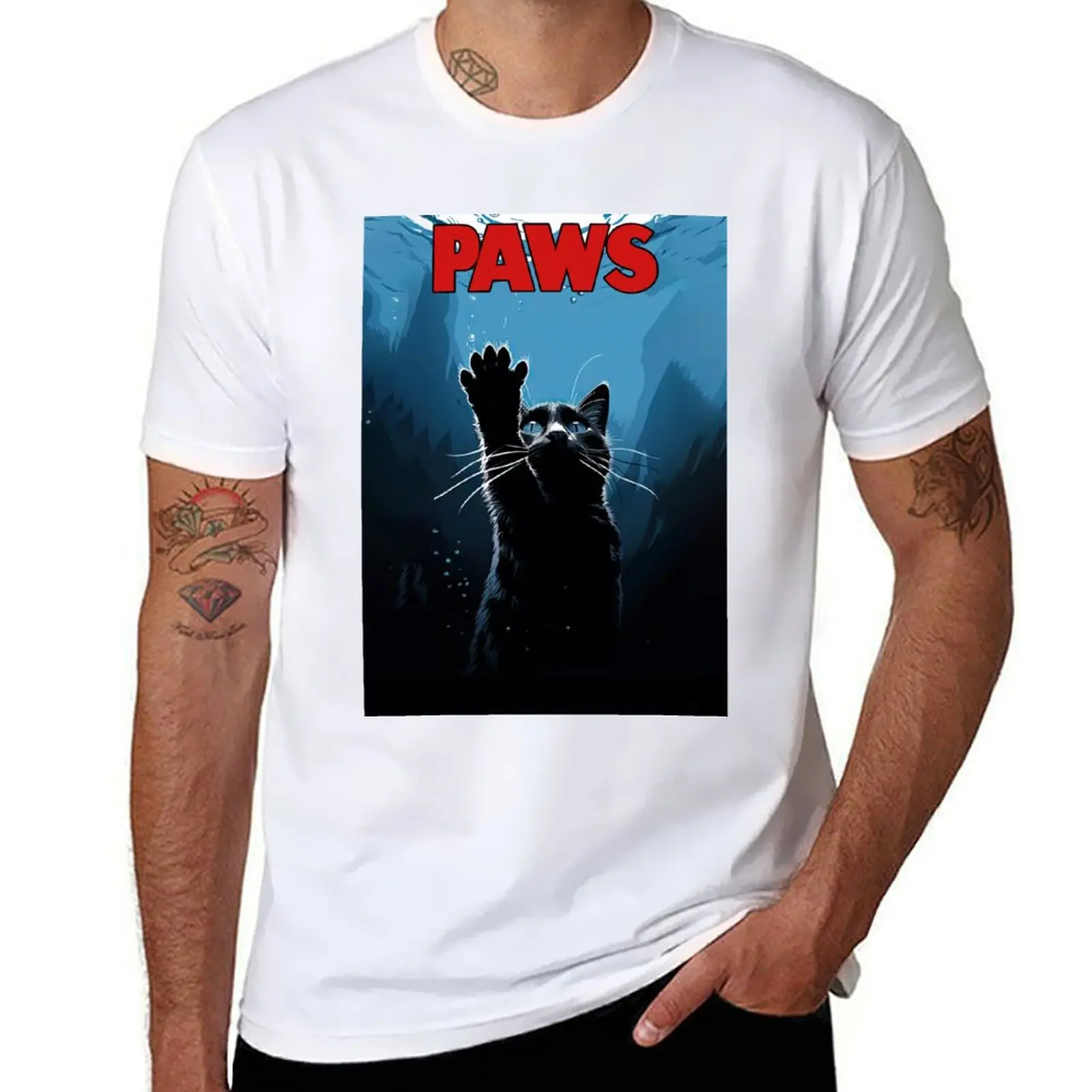 

Paws - Funny Black Cat Movie Poster - Jaws - Cute Cat T-shirt for a boy tees Men's t-shirts