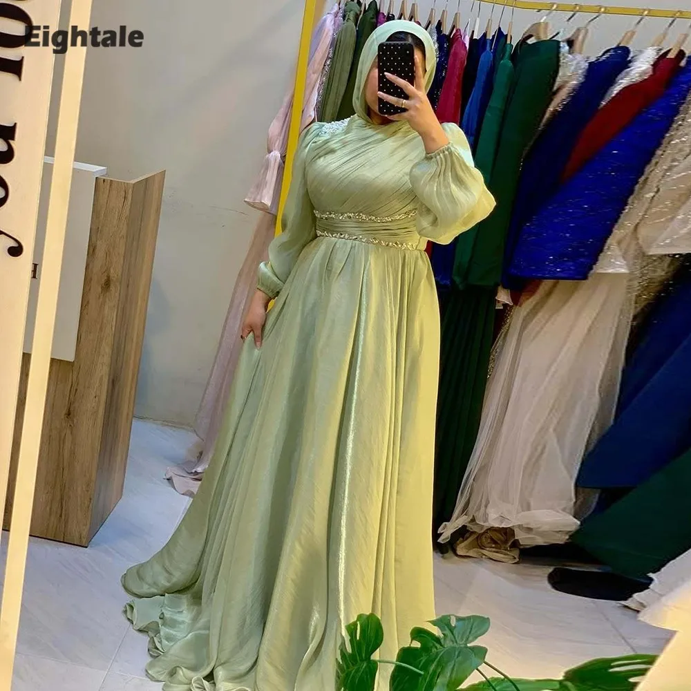 

Eightale Arabic Evening Dress O-Neck Beaded A-Line Crepe Customized Long Sleeves A-Line Muslim Prom Wedding Party Gown