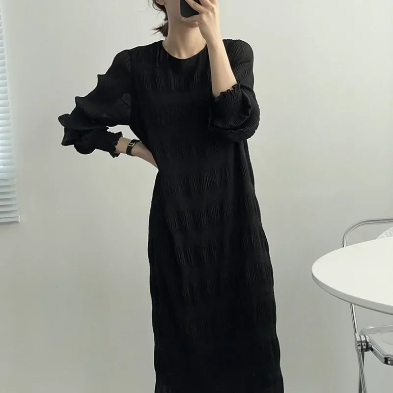 Autumn Sexy Dress Women V-Neck Vintage Elegant High Waist Pleated Chiffon Fashion Korean Lady Spring Summer Long Dresses 29224