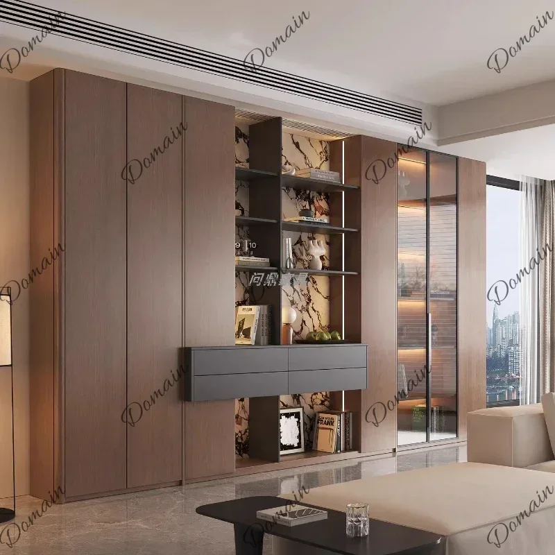 XX Solid Wood Arc Bookcase Office Home Wall Integrated Display Cabinet Sofa Background Wall Locker Modern Minimalist Light Luxur