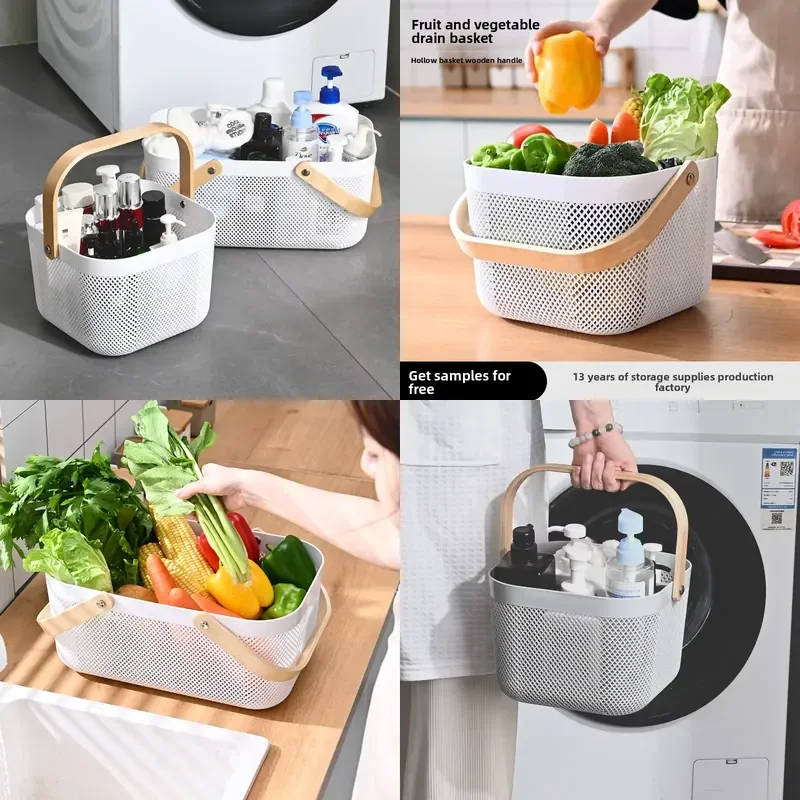 Stackable PP Drain Basket Kitchen Vegetable Fruit Water Filter Storage Container Rectangle with Handle Simple Design for