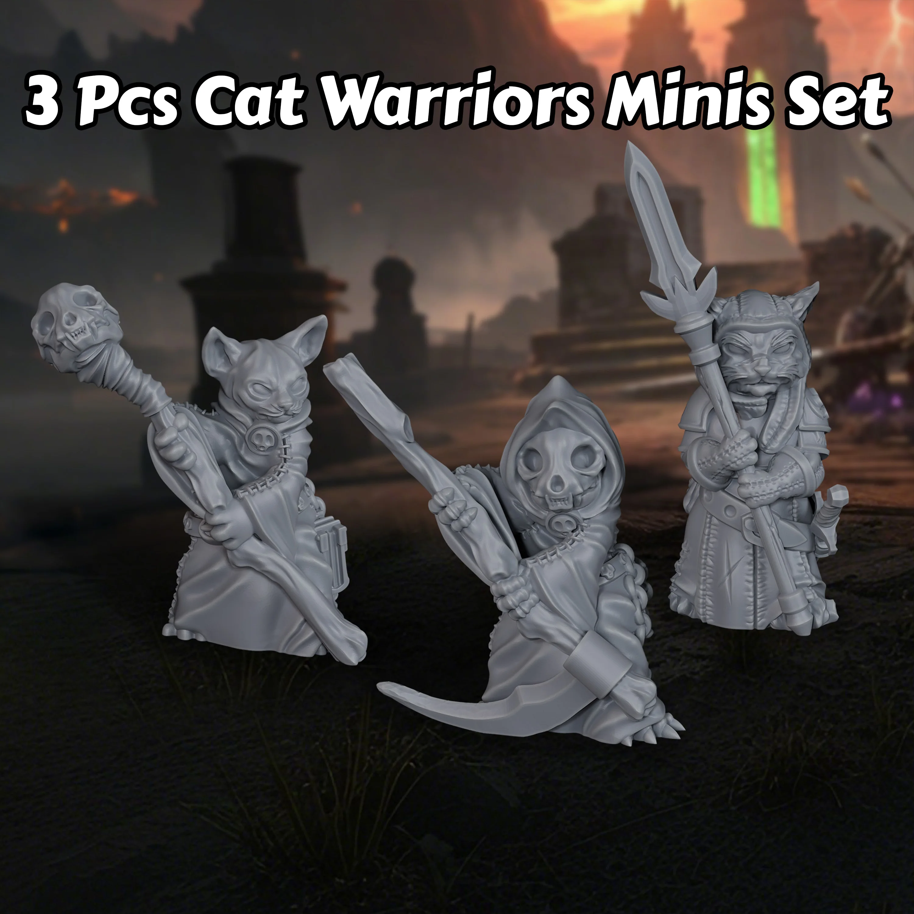

Three Cat Warriors Miniatures Set - 3PCS Feline Fantasy RPG Figures, TTRPG Role Playing Board Game Accessories for Table RPGs