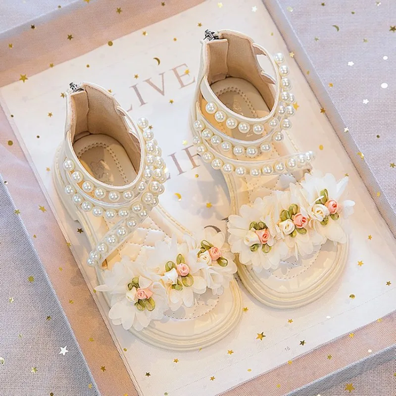 Girls' Sandals 2024 Summer New Little Girl Fashion Princess Shoes Baby Flower Fairy Style Soft Sole Pearl Shoes H087