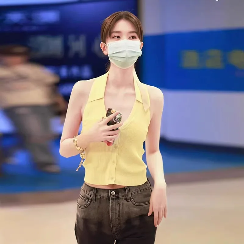 

Tops for Women 2025 Crop Top Solid Sexy Sleeveless Knitted Fabric Women's Vest Tank Tops Female Youthful Women's Clothing D606