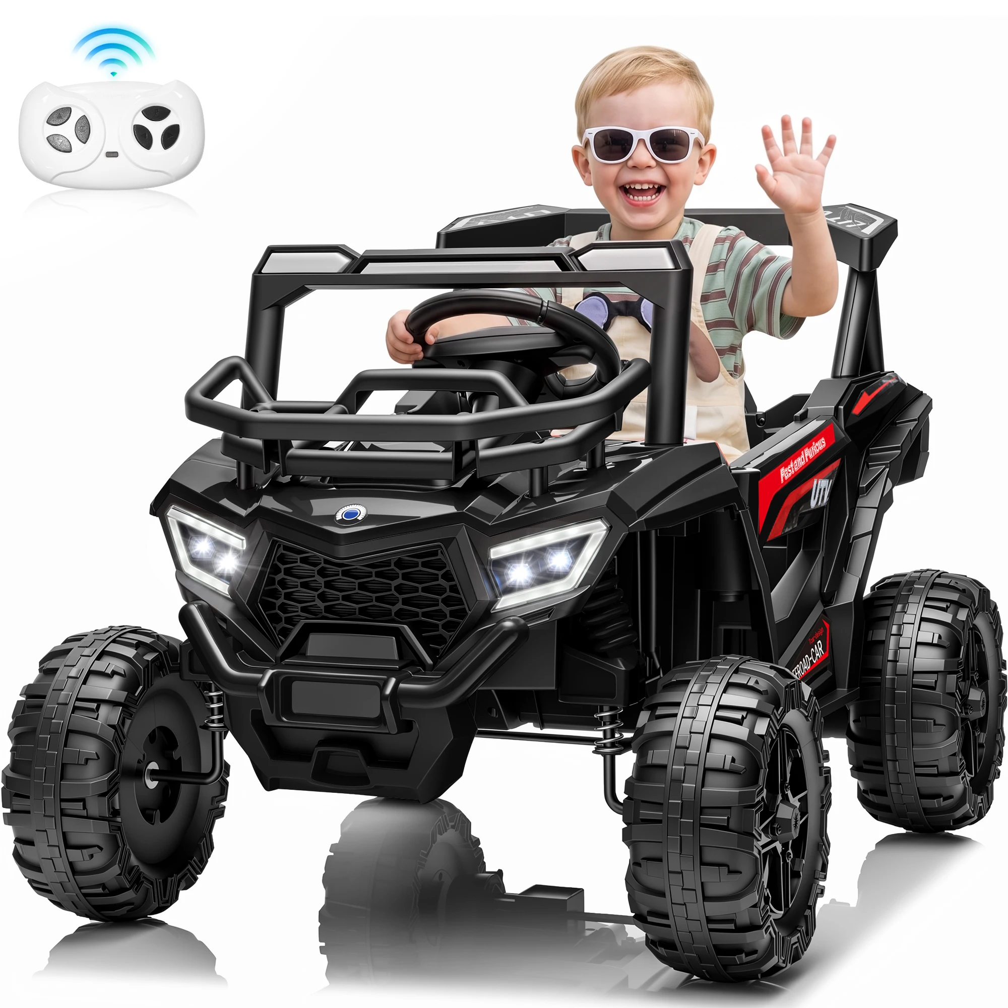 Kids 12V Electric Ride On UTV, Off-Road Ride On Car with Parental Remote & Manual Mode, Spring Suspension Anti-Slip Wheels, Bluetooth, LED Headlights, Safety Belt & Lockable Doors, Toddler Ride On Toy, Christmas Birthday Gift