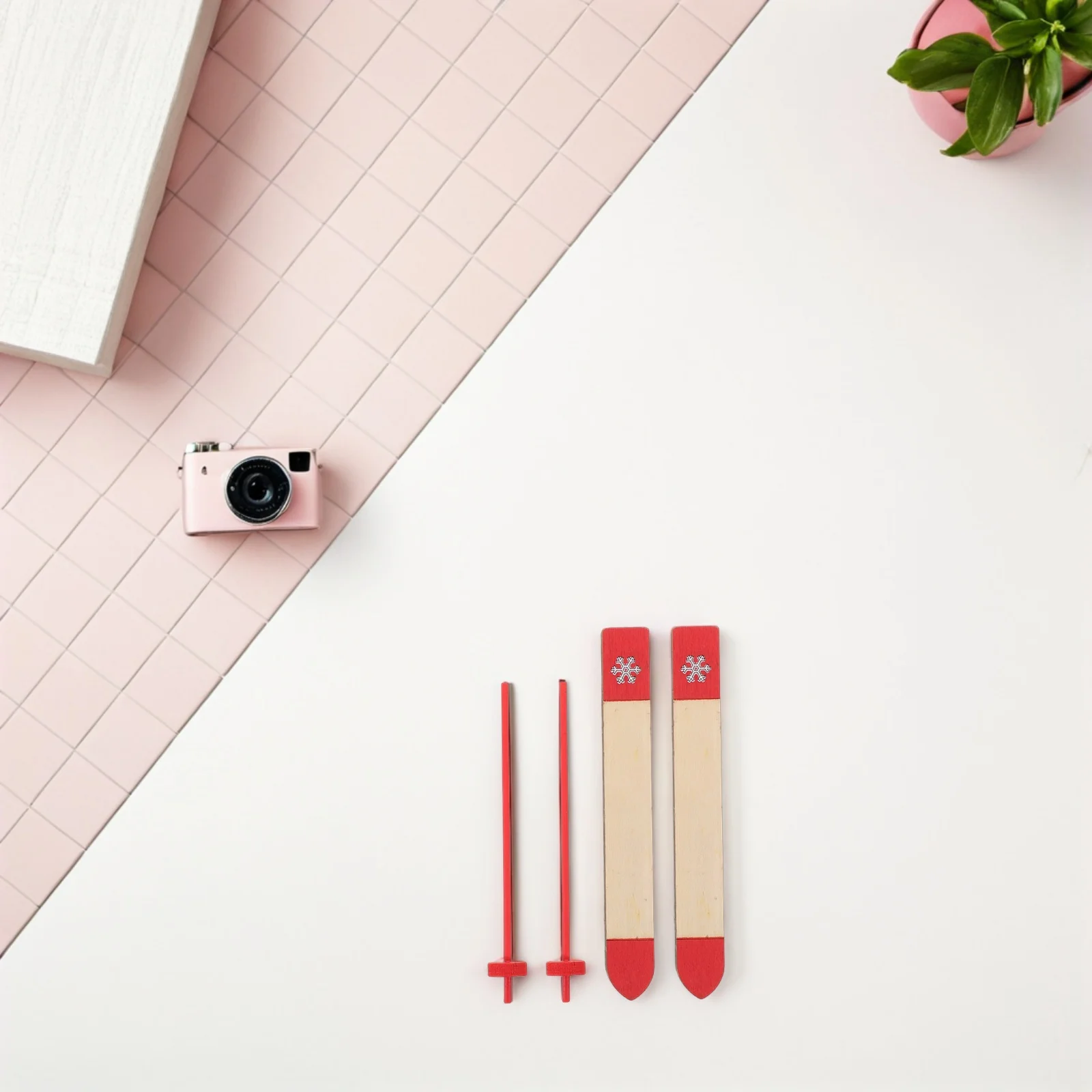 

4 set Wooden Mini Snow Skis Poles Winter Sport Scene Holiday Decor Set Wood Dollhouse Set Miniature Winter