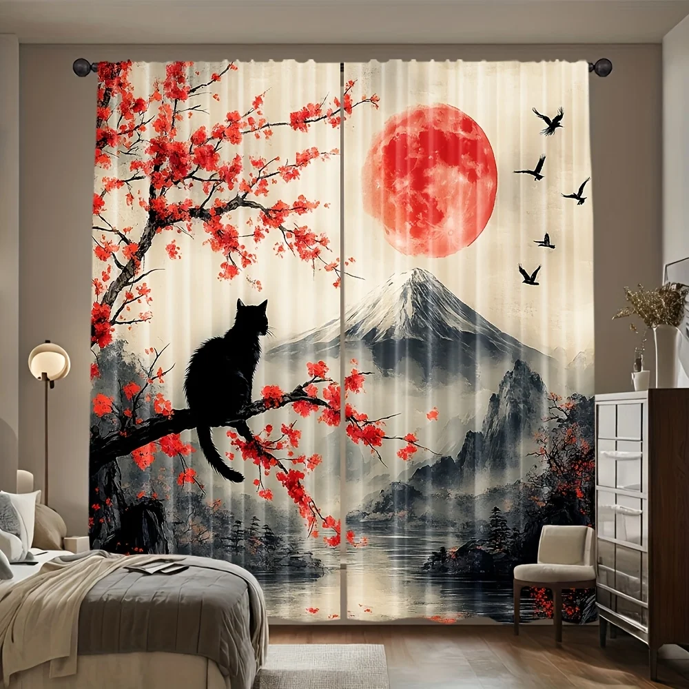 2pcs Elegant Japanese Sakura Sheer Curtains – Black Cat & Mount Fuji Design for Bedroom & Living Room Decor