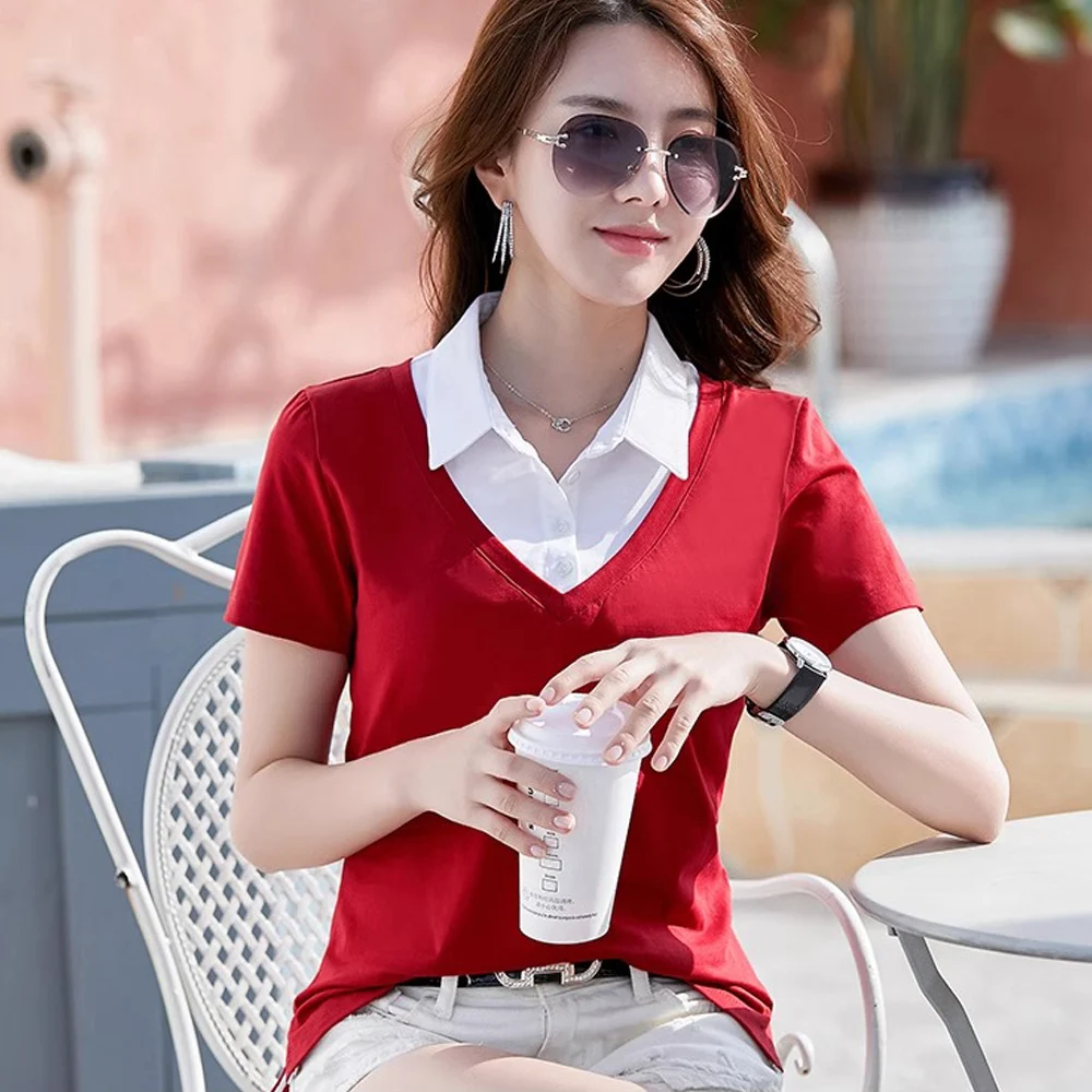 

Korean version short sleeved t-shirt for women's summer new fashion light luxury lapel splicing fake two casual oversized tops