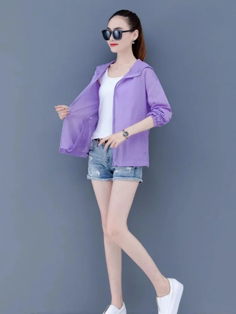 White Ice Silk UV Protection Women's Jacket Outdoor Hooded Coat Thin Breathable Commute Style Diamond Embellished Zipper