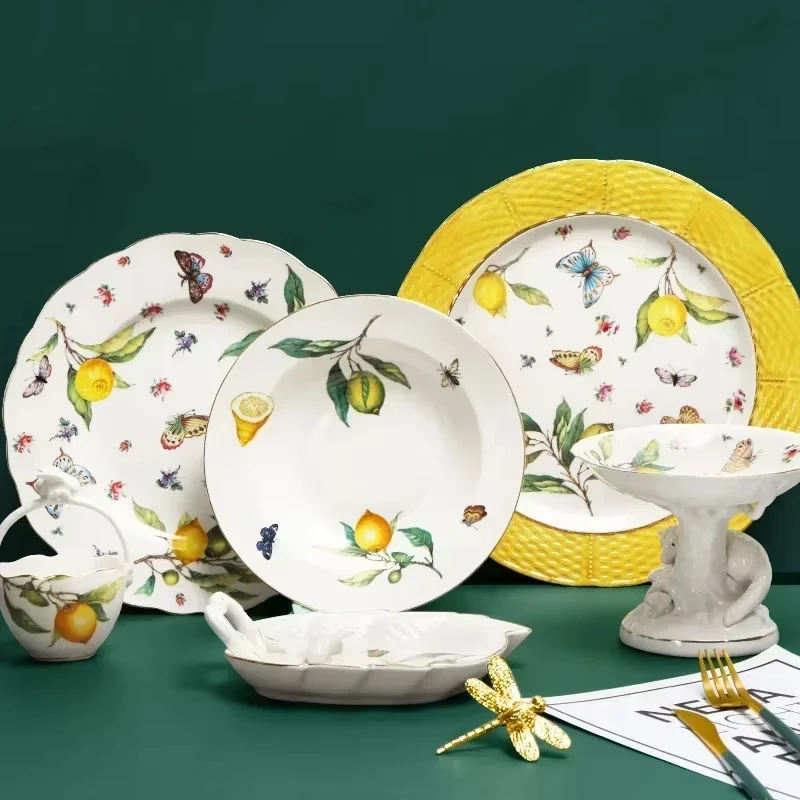 European Lemon Pattern Ceramic Dinner Steak Plate Bowl Kitchen Cutlery Fruit Bowl Sugar Bowl Dishes Complete Tablewa