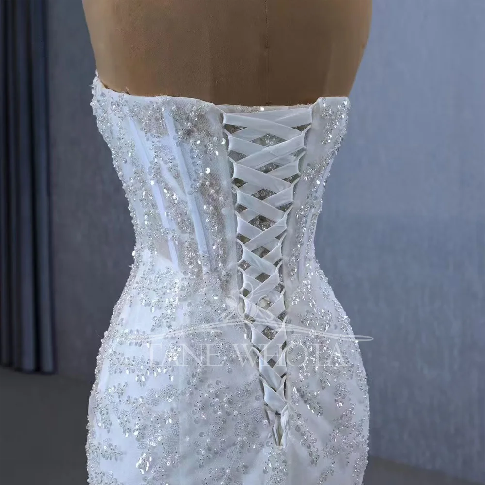 맞춤형 스트랩리스 탈부착 슬리브 레이스업 백 비딩 스팽글 시스 스타일 웨딩드레스