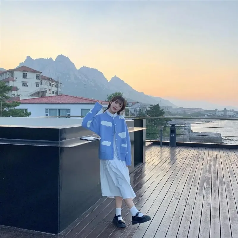 

Preppy Style Korean Sweet Sky Blue Cloud Knitted Y2k Cardigan Women Sweaters Coats O Neck Pockets Pull Femme Casual Chic