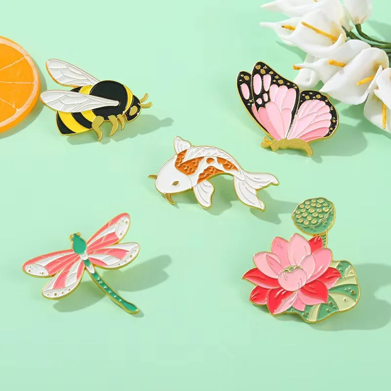 Cute Insect Series Enamel Pins Dragonfly Butterfly Bee Fish Lotus Pattern Brooches For Women Clothes Lapel Badge Jewelry Gift