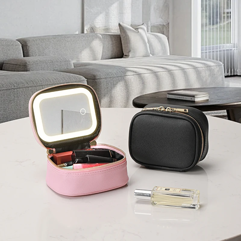 1 pc LED Cosmetic Case with Lights and Mirror Cosmetic Bag, USB Rechargeable &Detachable mirror