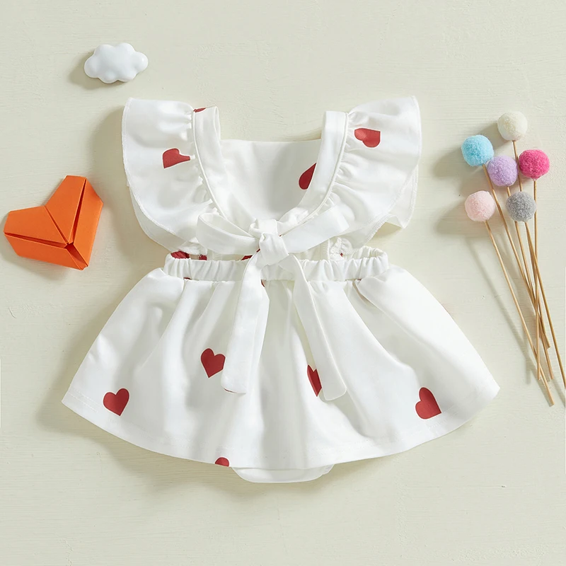 Baby Girls Valentine s Day Romper Dress Flying Sleeve Square Neck Heart Print Bow Romper