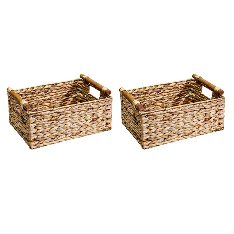 

3X Wicker Basket Rectangular With Wooden Handles For Shelves Hyacinth Basket Storage,Natural Baskets For Organizing