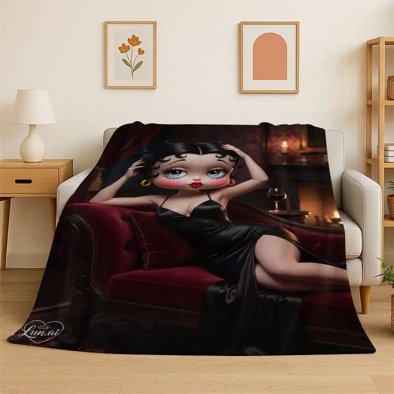 Retro Cartoon B-Betty B-Boop Cute Girl Flannel Blanket Soft Throw Blanket for Bedroom Living Room Bed office Picnic Fest Gift