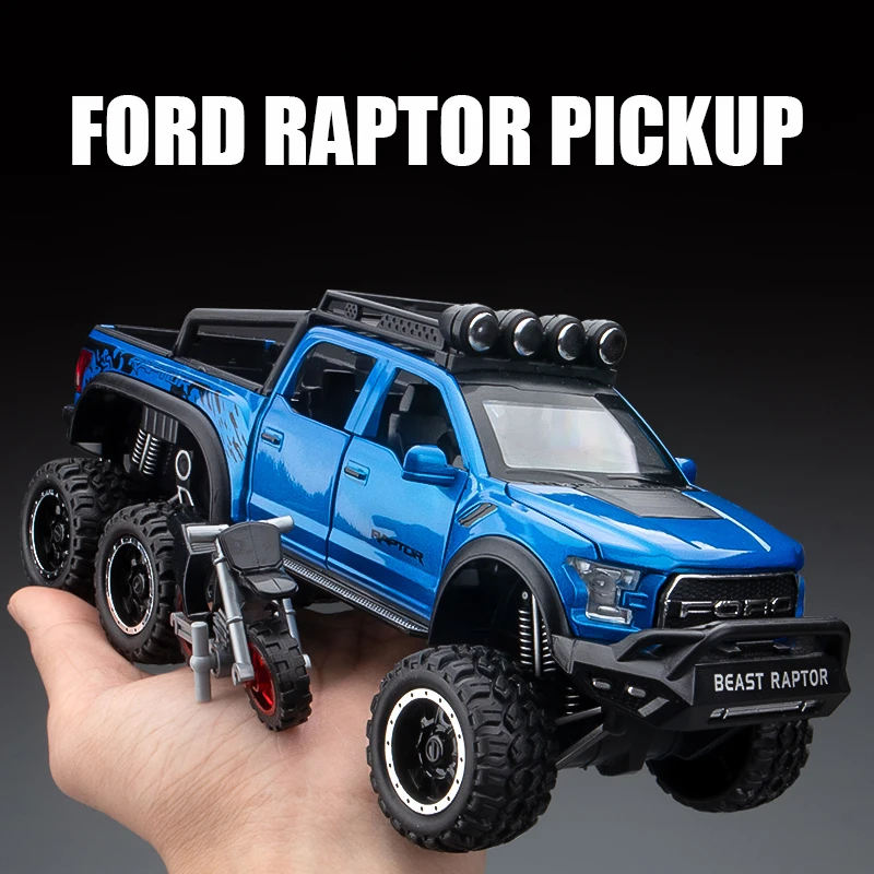 Modelo de coche Ford Raptor F150, rueda grande de aleación fundido a presión con luz de sonido, coche de juguete para niños, regalos de Navidad, 1:28