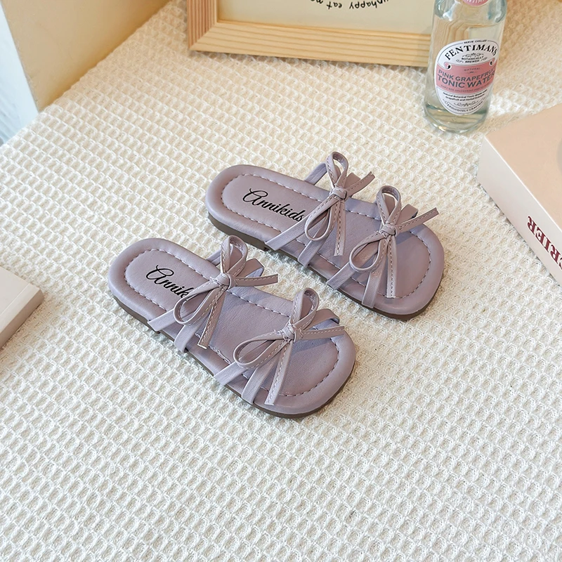 Fashion Children's Low Heel Slippers Comfort Beach Vacation Flat Bottom Slides Summer Girls Casual Dress Bow Street Style Shoes
