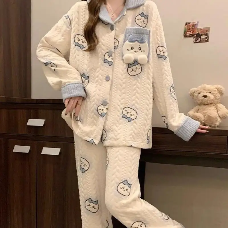 

Kawaii Chiikawa женские пижамы, хлопковые пижамные комплекты в стиле аниме, одежда для сна с героями мультфильмов для девочек, студенческие пижамные штаны, удобные, приятные для кожи