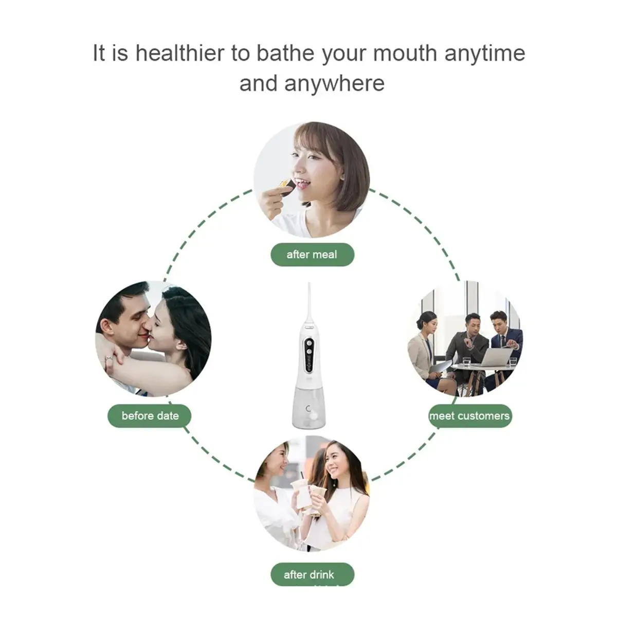 

Перфокуальная портативная беспроводная ирригатор для воды с 2300 импульсами, 5-режимный ирригатор для полости рта для брекетов, набор для чистки зубов 360 ° Насадка 300мл