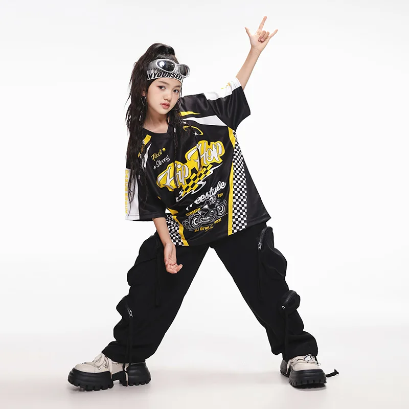 Set di abiti da ballo Hip Hop per ragazze T-shirt nera Pantaloni larghi Jogger estivo Street Dancewear Gruppo Jazz Pratica Performance Costume