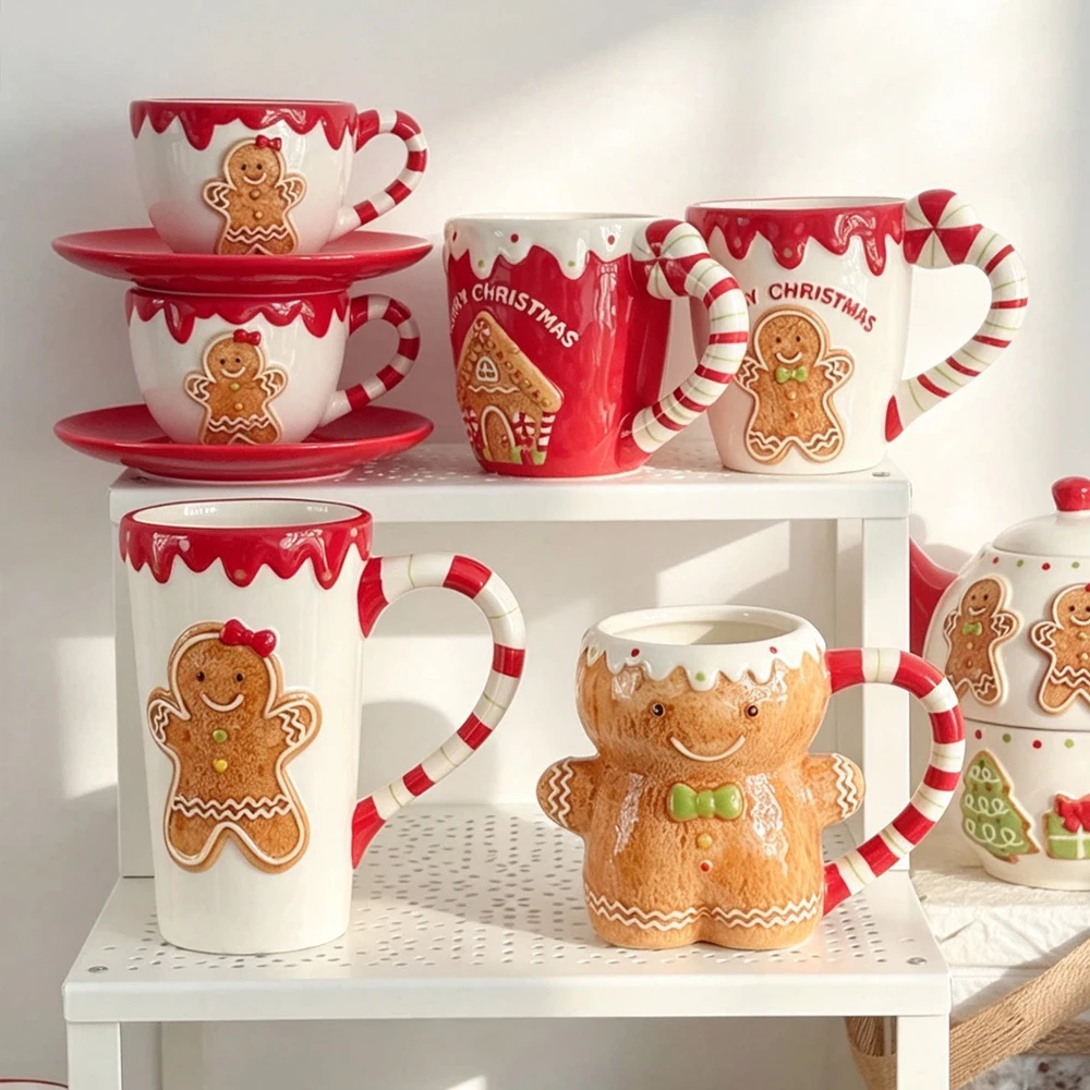 Ceramic Mug 3D Relief Cartoon Coffee Cup Candy Cane Handle Holiday Drink Family Kitchen Decoration Holiday Gift Creative Mug