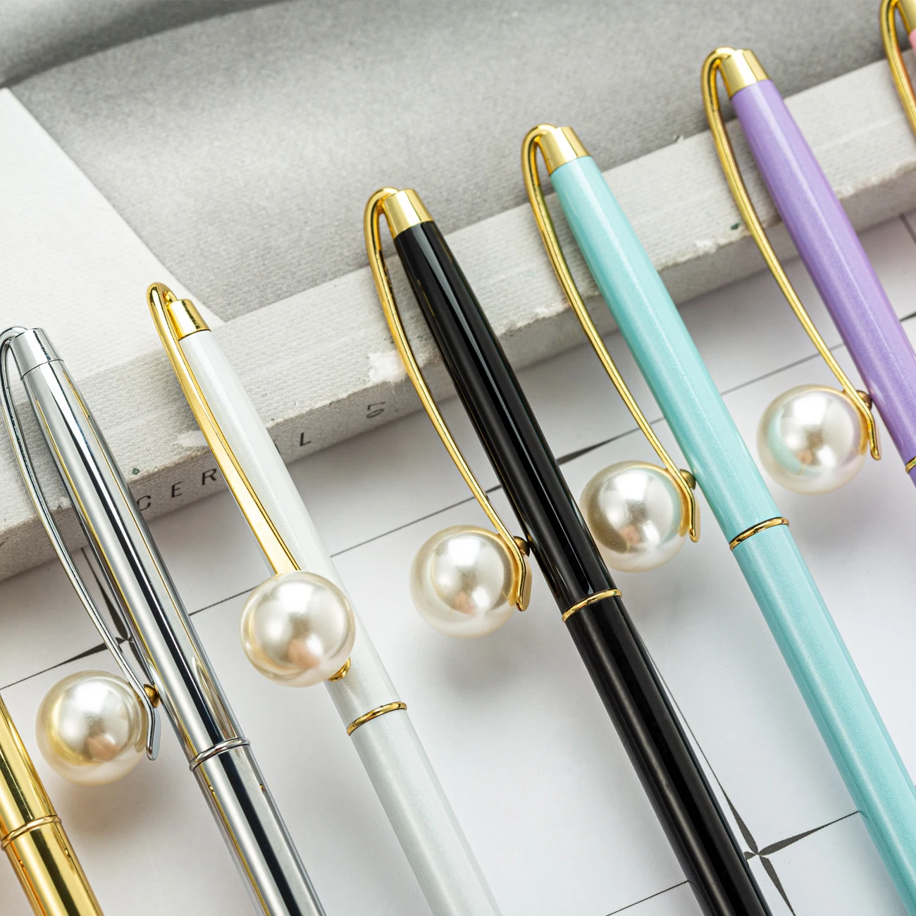 8 Stück elegante Perle schlanke Pen body Metall Kugelschreiber, frische helle Farben, Büro Schule Briefpapier, Schreib werkzeug, Geschenk Stift – Detail 2