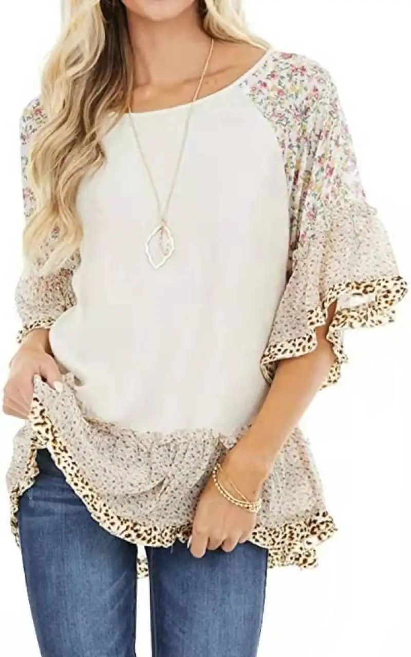 Casual Fashion Printed Lace Patchwork Leopard T-shirt Spring Summer 2023 New Half Flare Sleeve O-neck Loose Top Women\'s Clothing