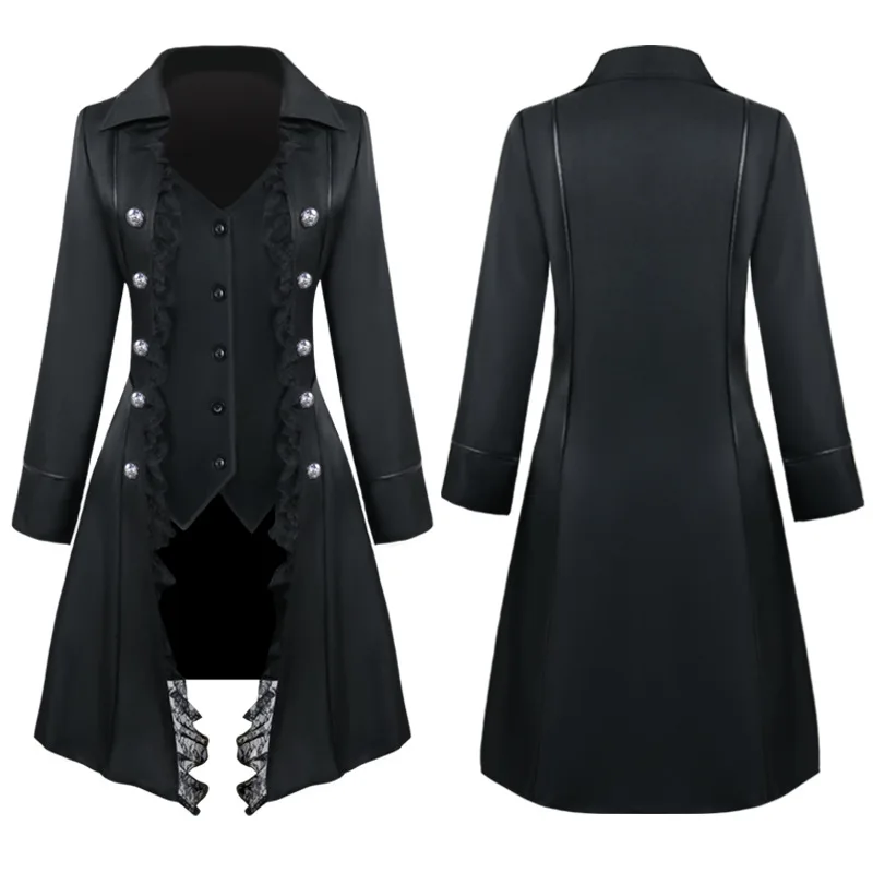 Women Medieval Dress Steampunk Pirate Cosplay Costumes Lace Trim Single Breast Jacket Coat Victorian Gothic Clothing