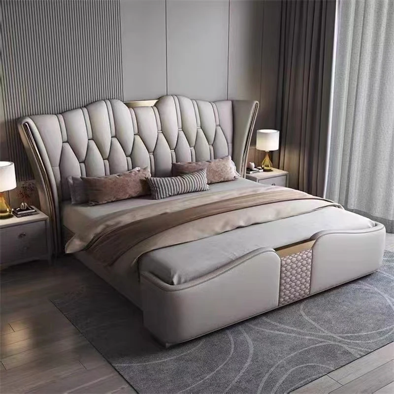 Leather European Double Bed Base Wrap Designer Modern Headboard Twin Bed Frame Girl Storage Safe Cama De Casal Furniture