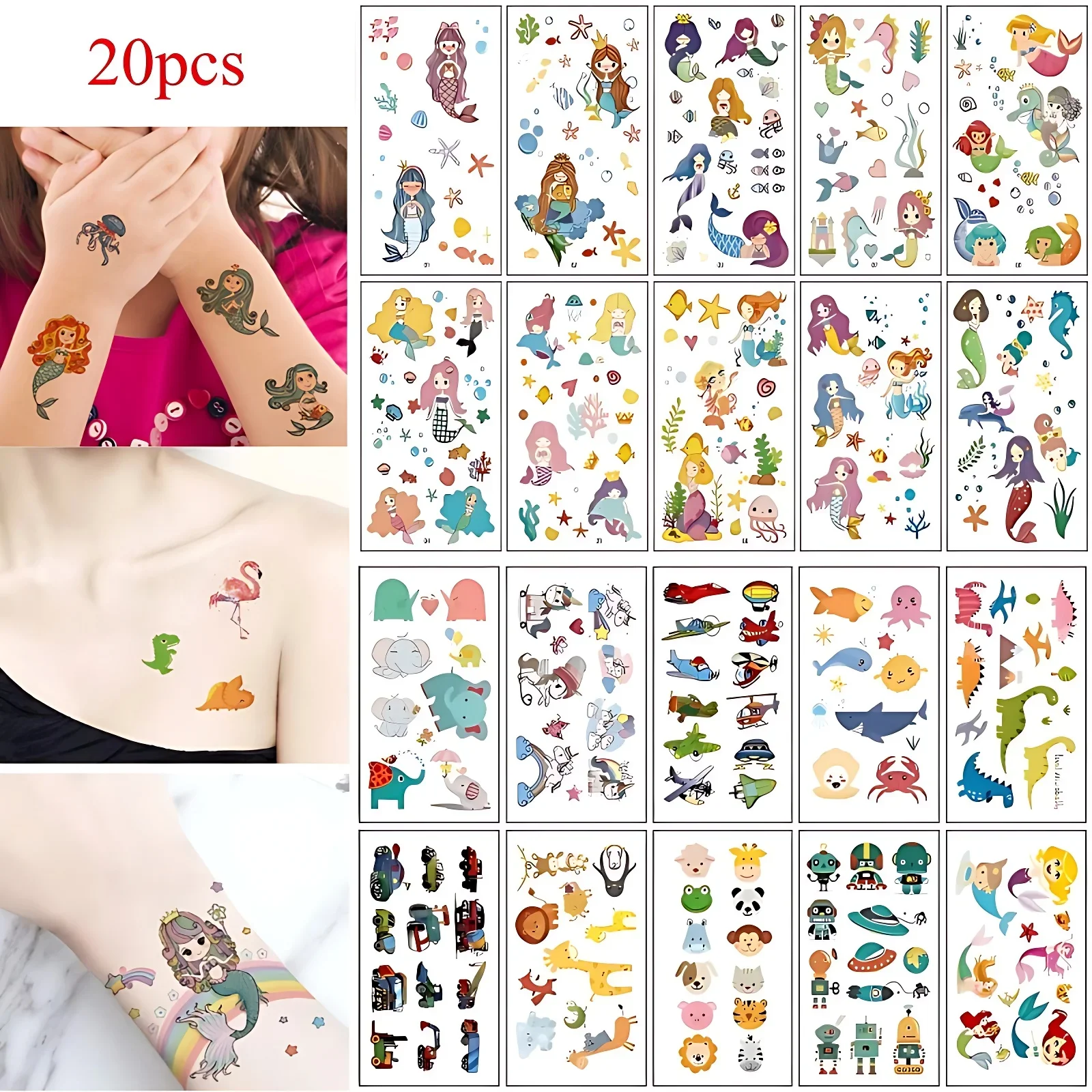 20pcs/lot Children Waterproof Temporary Tattoos Cartoon Kids Mermaid Airplane Animal Elephant Excavator Transfer Fake Tattoos