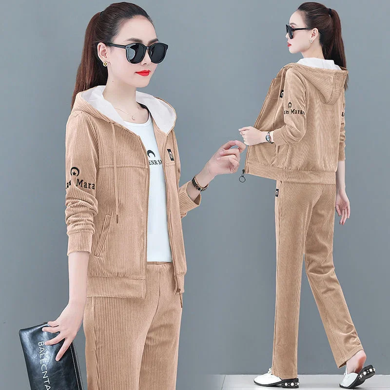 Women's Casual Golden Velvet Sports Suit Plus Size Clothing Spring Autumn New Fashion Hooded Zipper Jacket Pants 2 Two Piece Set