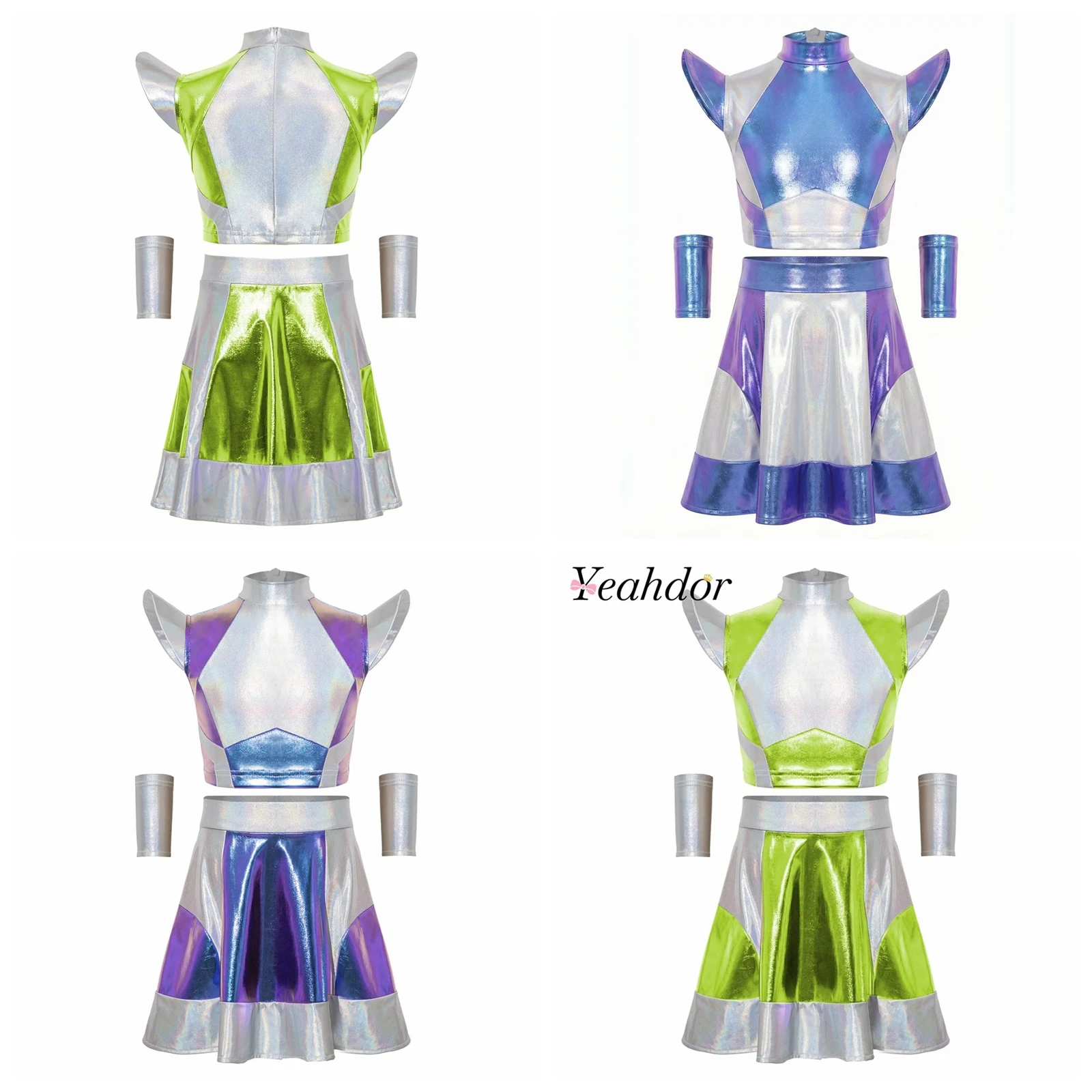 Girls Halloween Alien Costume Astronaut Outer Space Cutie Outfit Glossy Metallic Color Block Top Skirt Sets for Role Play Party