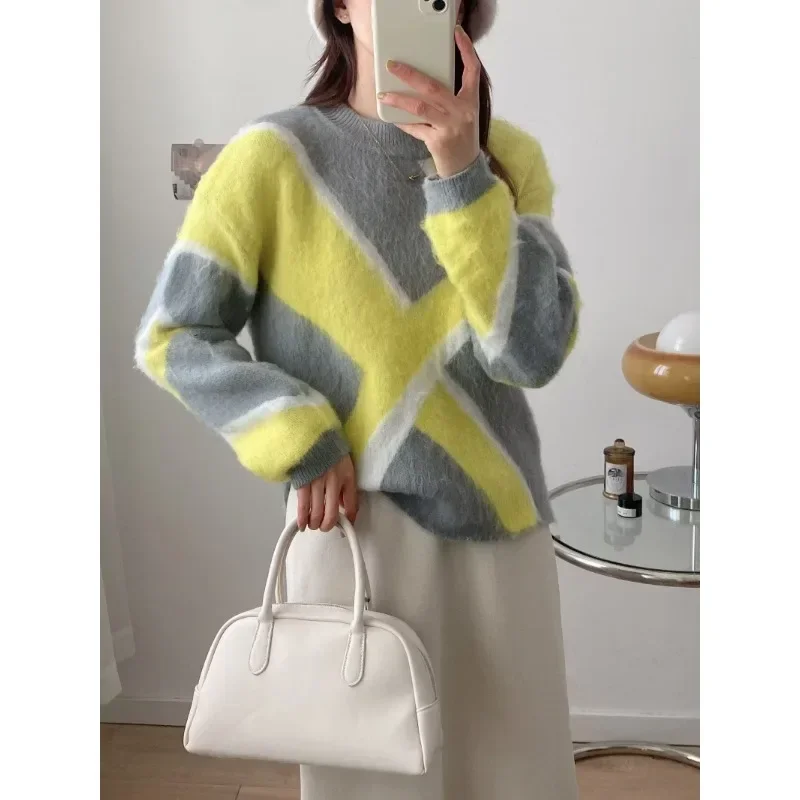 TRAF ZR Round Neck Pullover Y2k Spliced Women\'s Winter Sweater Knitwear Wool Outerwear hearling Luxury Cashmere Sweater Korean