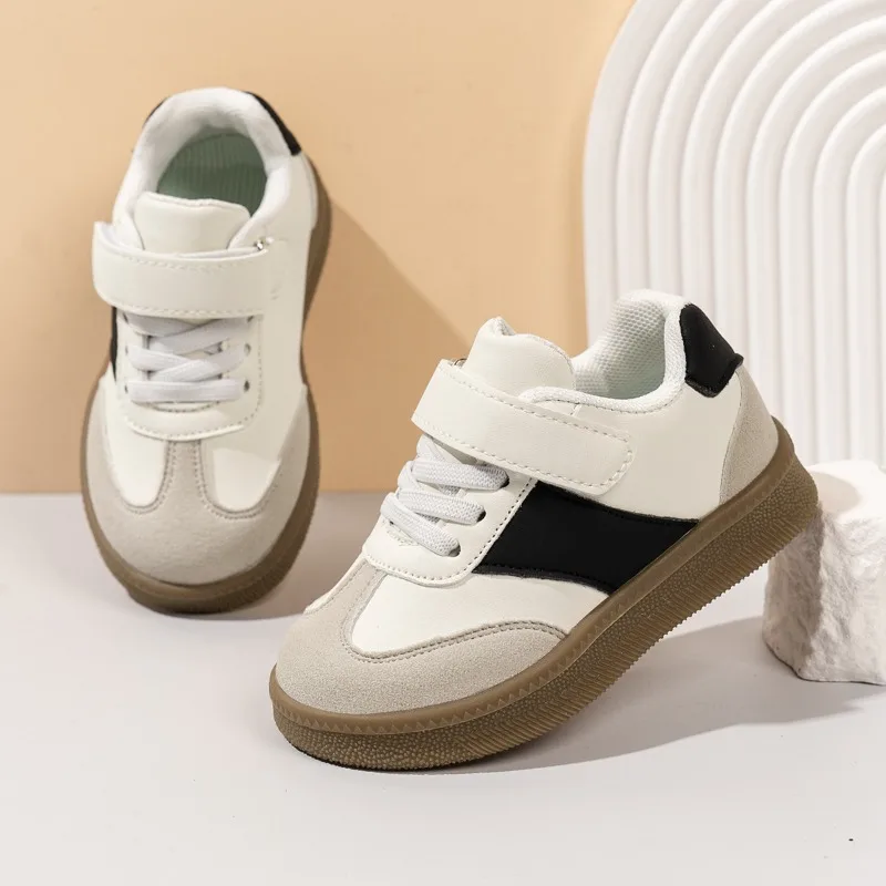 2026 Kids Retro Sneakers White/Black Strap Velcro Casual Shoes Soft Non-slip Toddler Sports Shoes for Boys Girls