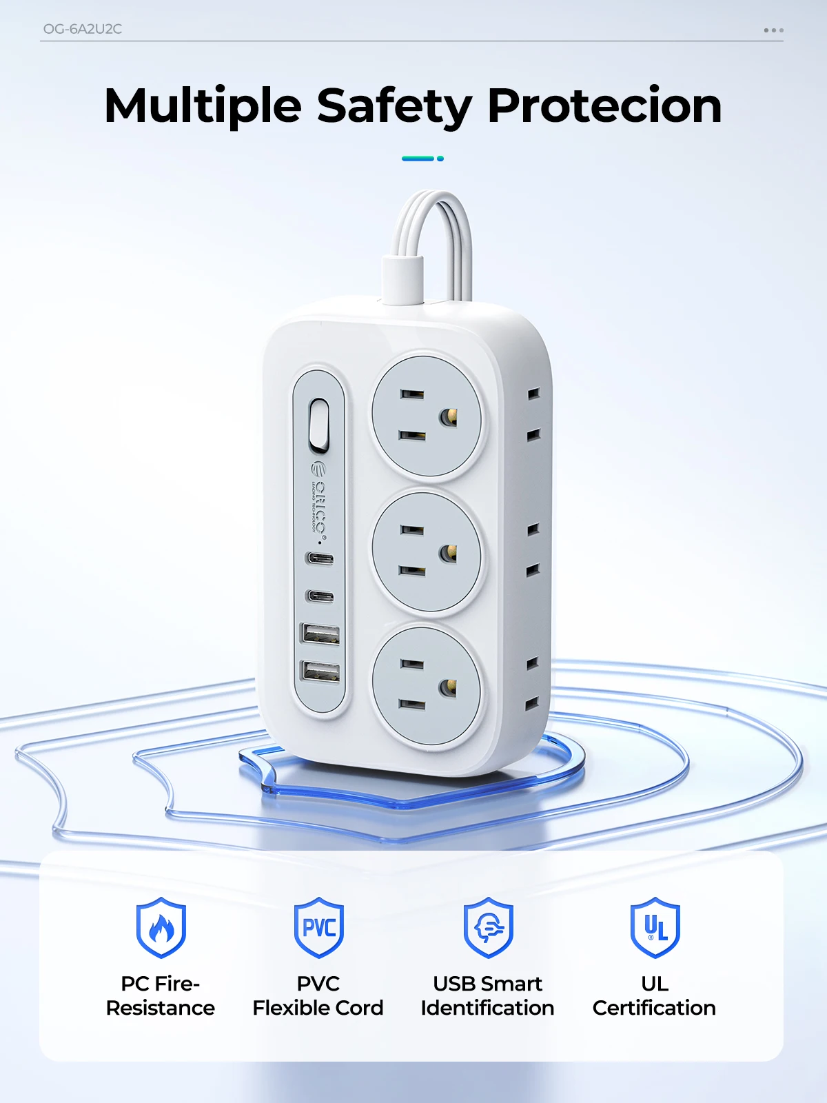 ORICO Power Strip with 6 Sockets 2 USB 2 Type C Multi-Size Extension Cord (1250W/10A) for Home, Outdoor, Travel Sockets