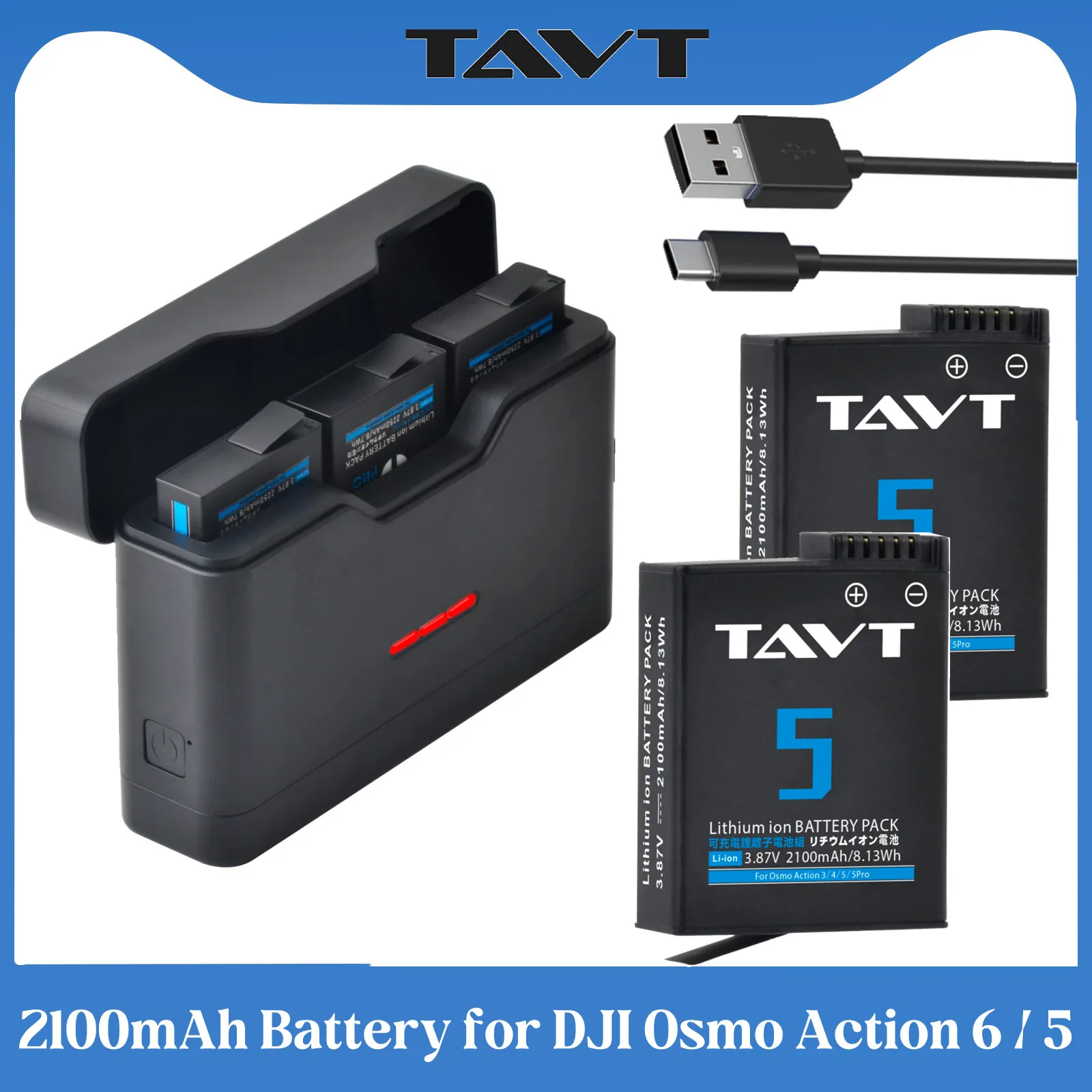 Batterie 2100mAh + Étui de charge rapide à 3 emplacements compatible avec la caméra DJI Osmo Action 6 Action 5 Batterie pour DJI Osmo Action 5Pro 4