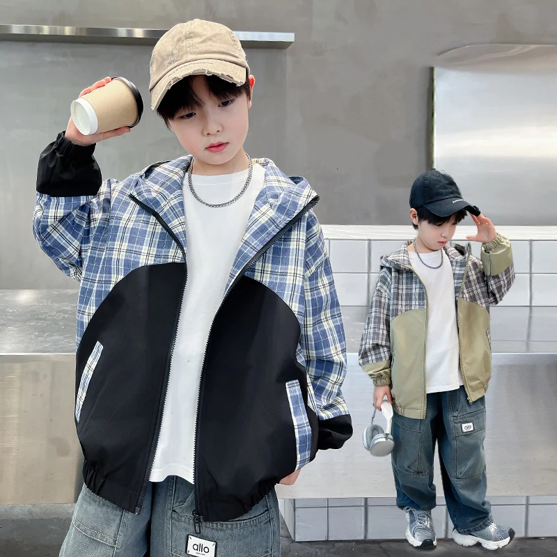 

New Kids Designer Plaid Patchwork Jacket for Boy with Zipper Children High Fashion Streetwear Outfit Spring Autumn Hooded Coat
