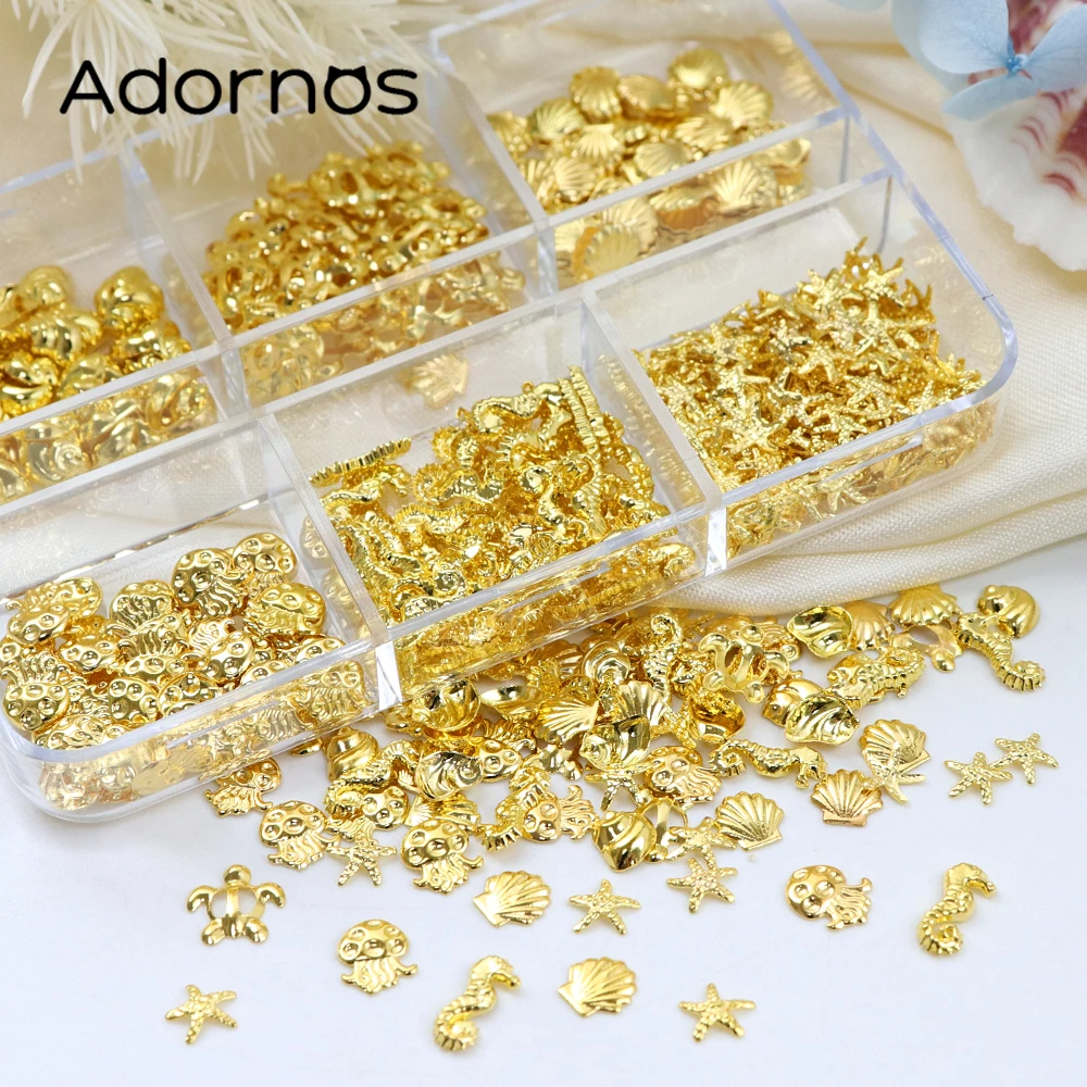 300 Pcs/Box Metal Rivets Nails Accessories Gold Starfish Conch Nail Charms Summer Ocean Style Nail Art Supplies And Decorations