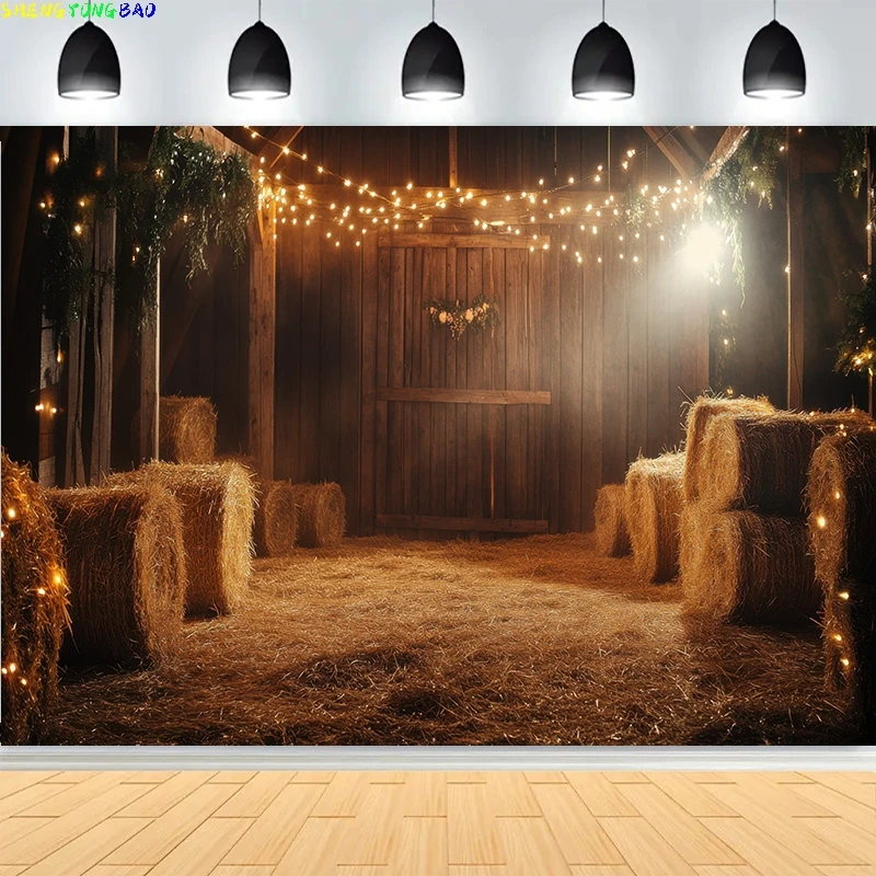 Western Cowboy Charm of the Countryside Rustikale Scheunentür Fotografie Kulissen Heuballen Radkerzen Bauernhof Hintergrund CO-02