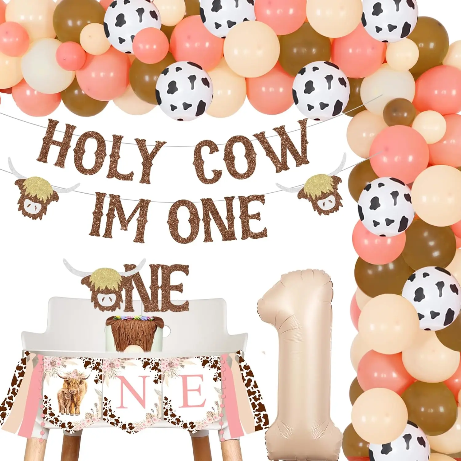 Highland Cow 1st Birthday Decor Holy Cow Im One Banner Cake Topper One High Chair Banner Farm 1st Birthday Cattle Bday Party