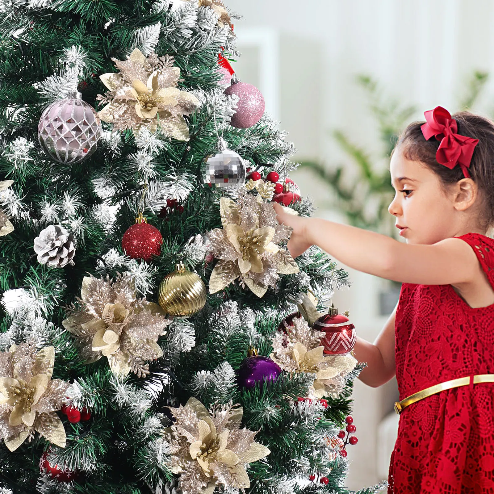 

12pcs Glitter Poinsettia Christmas Flowers Artificial Decorations for Tree Garland Clip Ornaments Home Office Hotel Restaurant