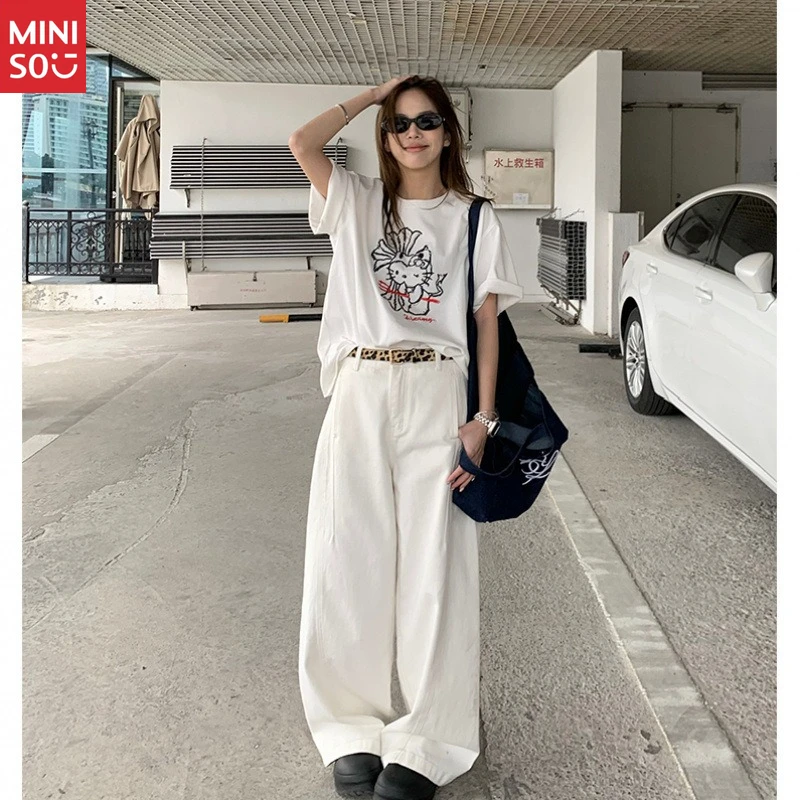 Camiseta de algodón Miniso Hello Kitty, camiseta holgada con borde dulce para verano