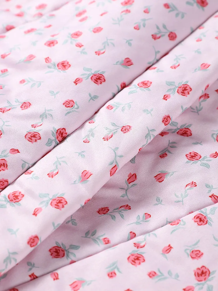 Damska gruba, ciepła parka na jesień i zimę 2025, nowa, luźna, z kwiatowym nadrukiem, sznurowana, pikowana kurtka damska z dekoltem w serek i długimi rękawami.