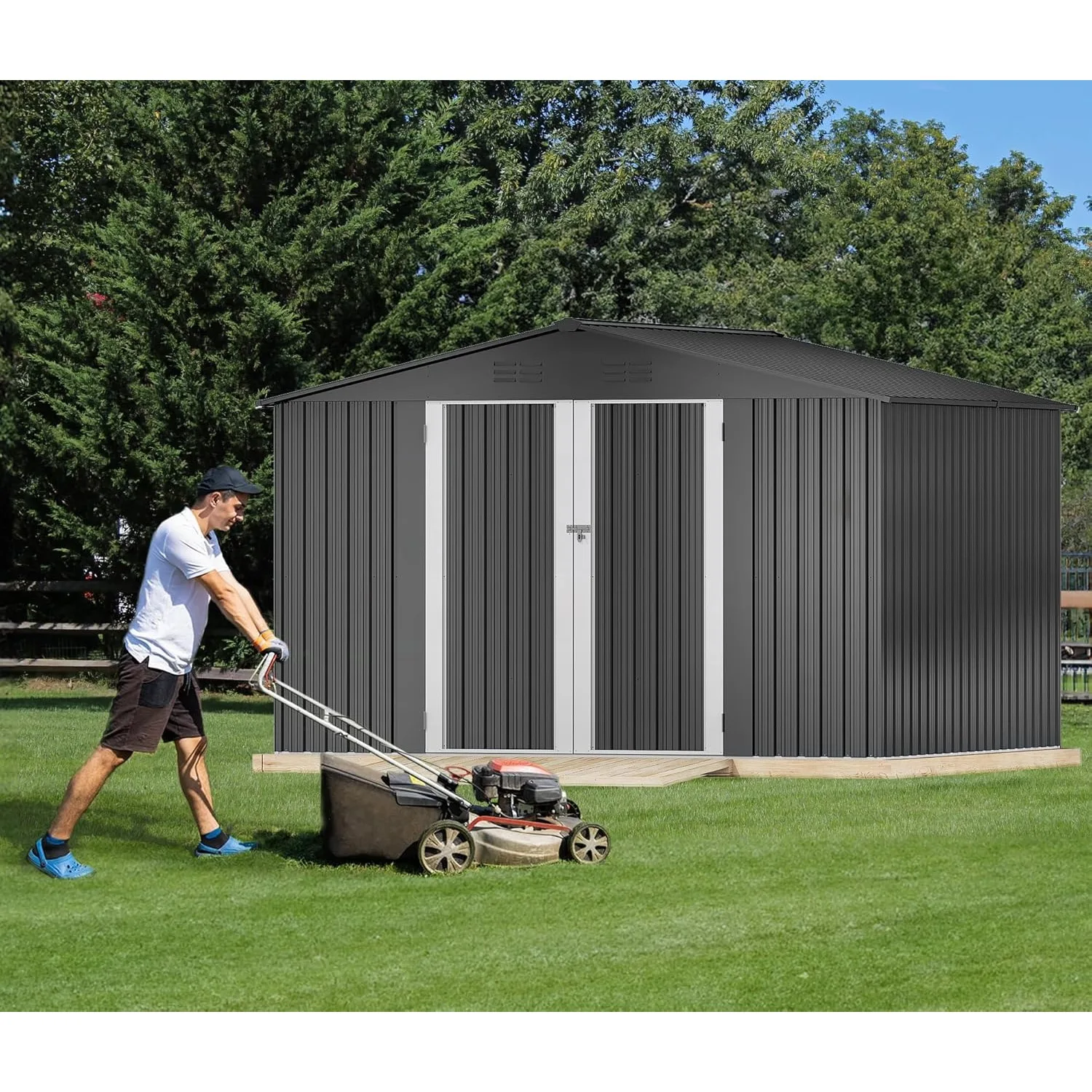 10x8 FT Outdoor Storage Shed - Spacious Garden Tool Shed with Lockable Door-Durable Metal Yard Shed for Garden, Patio(Dark Grey)