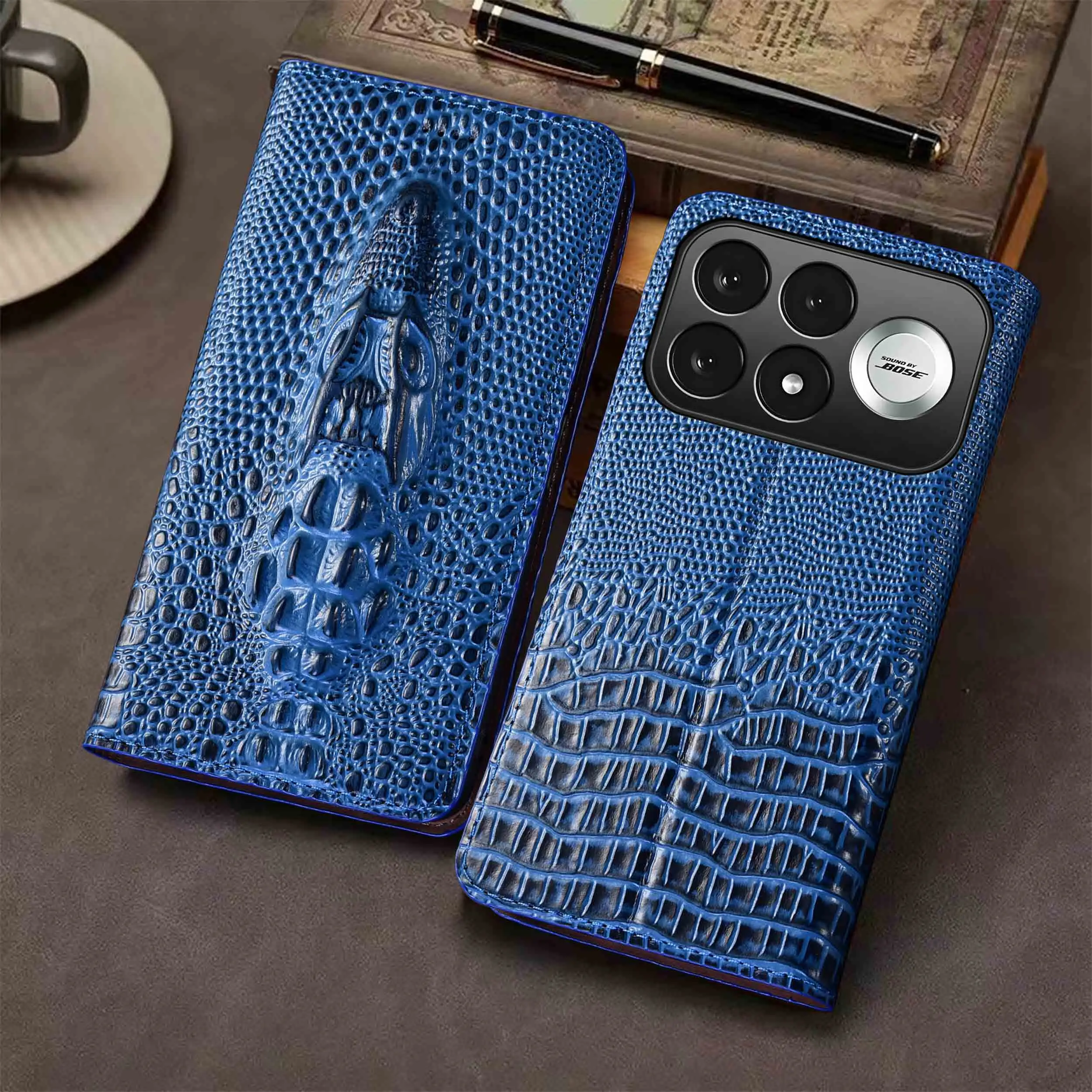 For Xiaomi Poco F2 F3 F4 F5 F6 F7 F8 F9 5G Pro GT Ultra Crocodile Head Pattern Genuine Leather  Flip Phone Cover Case Cowhide