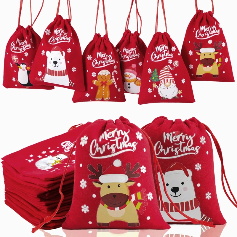 Bolsa de dulces con cordón de Navidad, conjunto de bolsa de almacenamiento de regalo de terciopelo rojo, bolsa de embalaje para fiestas navideñas, adecuada para regalos, aperitivos y galletas