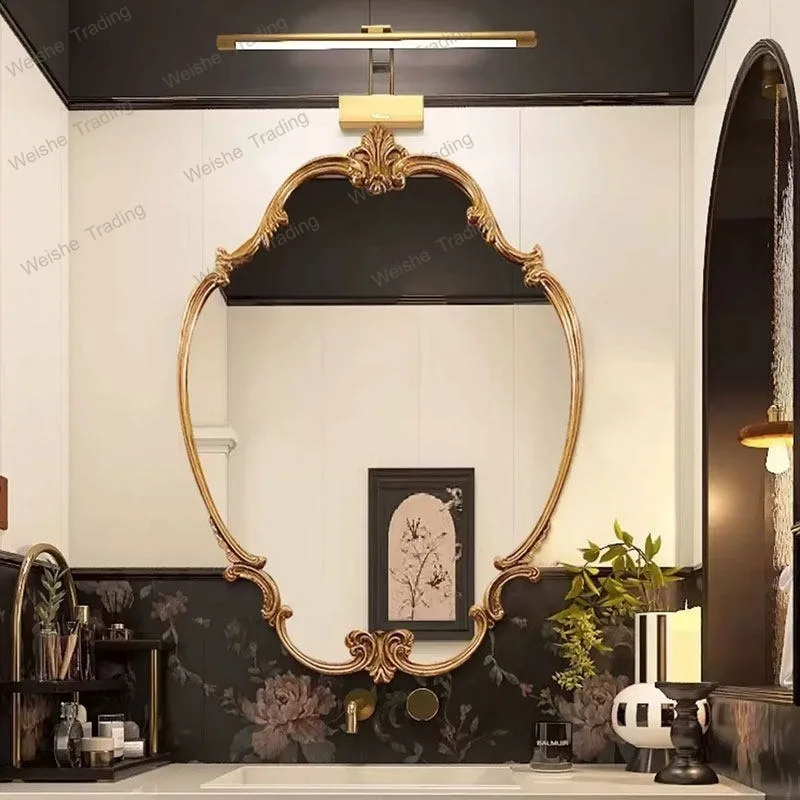 

Light luxury retro carved bathroom entrance makeup mirror bedroom decorative mirror wall hanging special-shaped dressing mirror