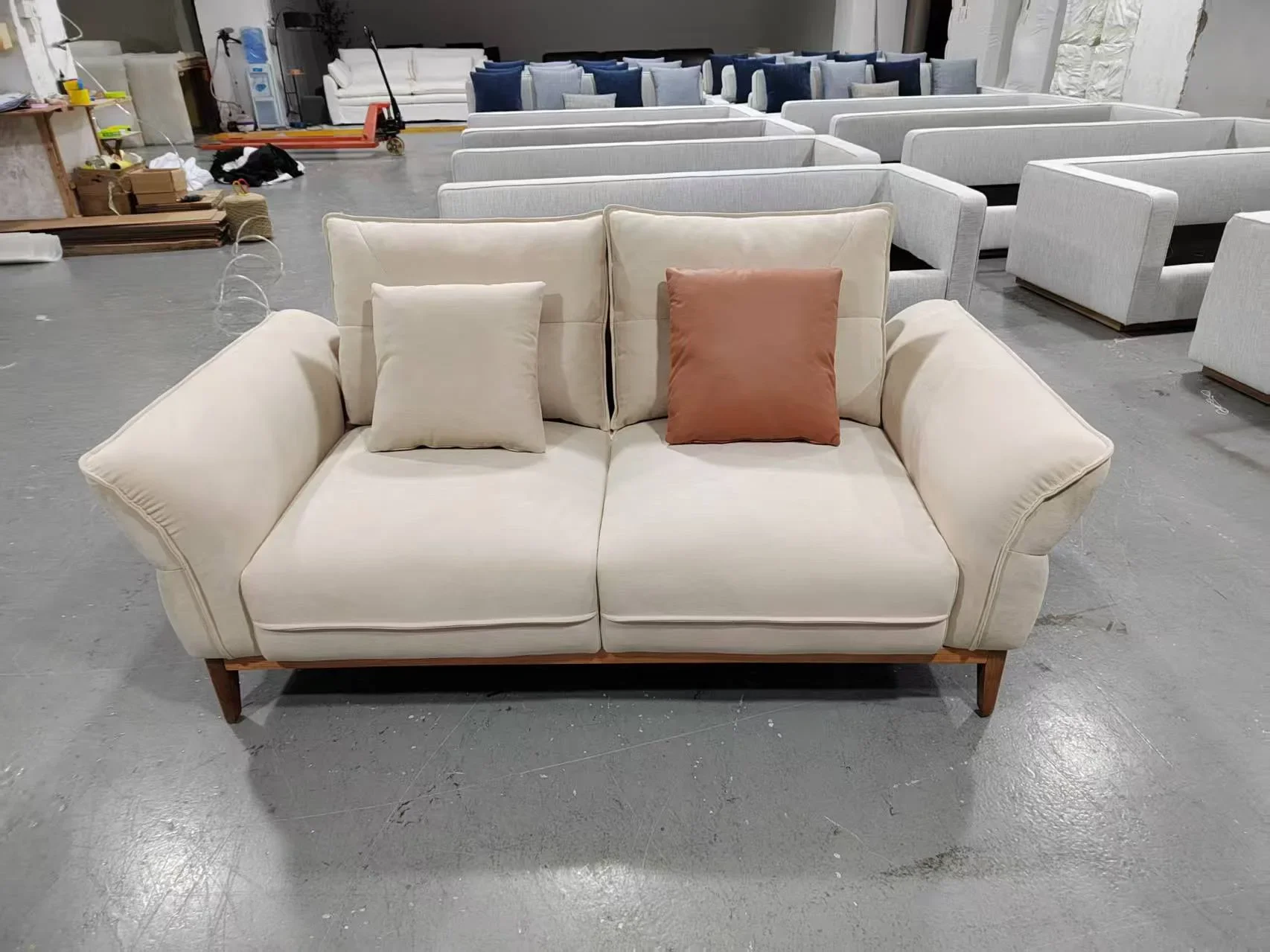 Custom Nordic Japanese solid wood sofa modern simple small apartment living room high back flannel cream style